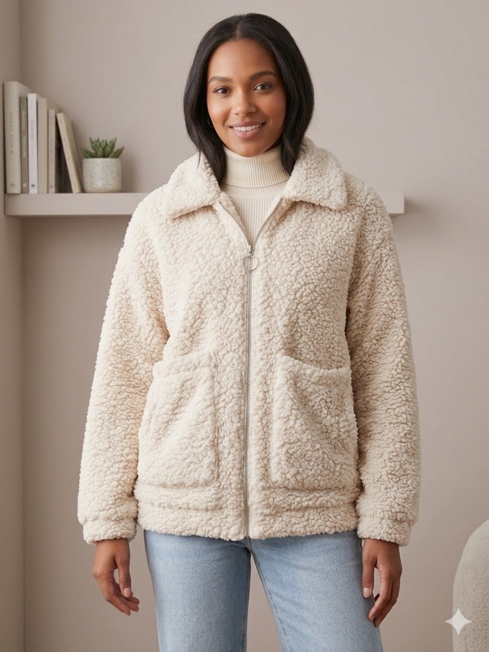 ME JANE Cozy Sherpa Faux Fur Teddy Jacket Cream M Full Zip O-Ring Gorpcore